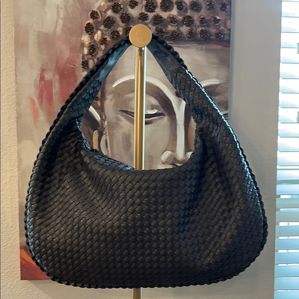 Gray Hobo Bag with Woven Texture and Crescent Shape